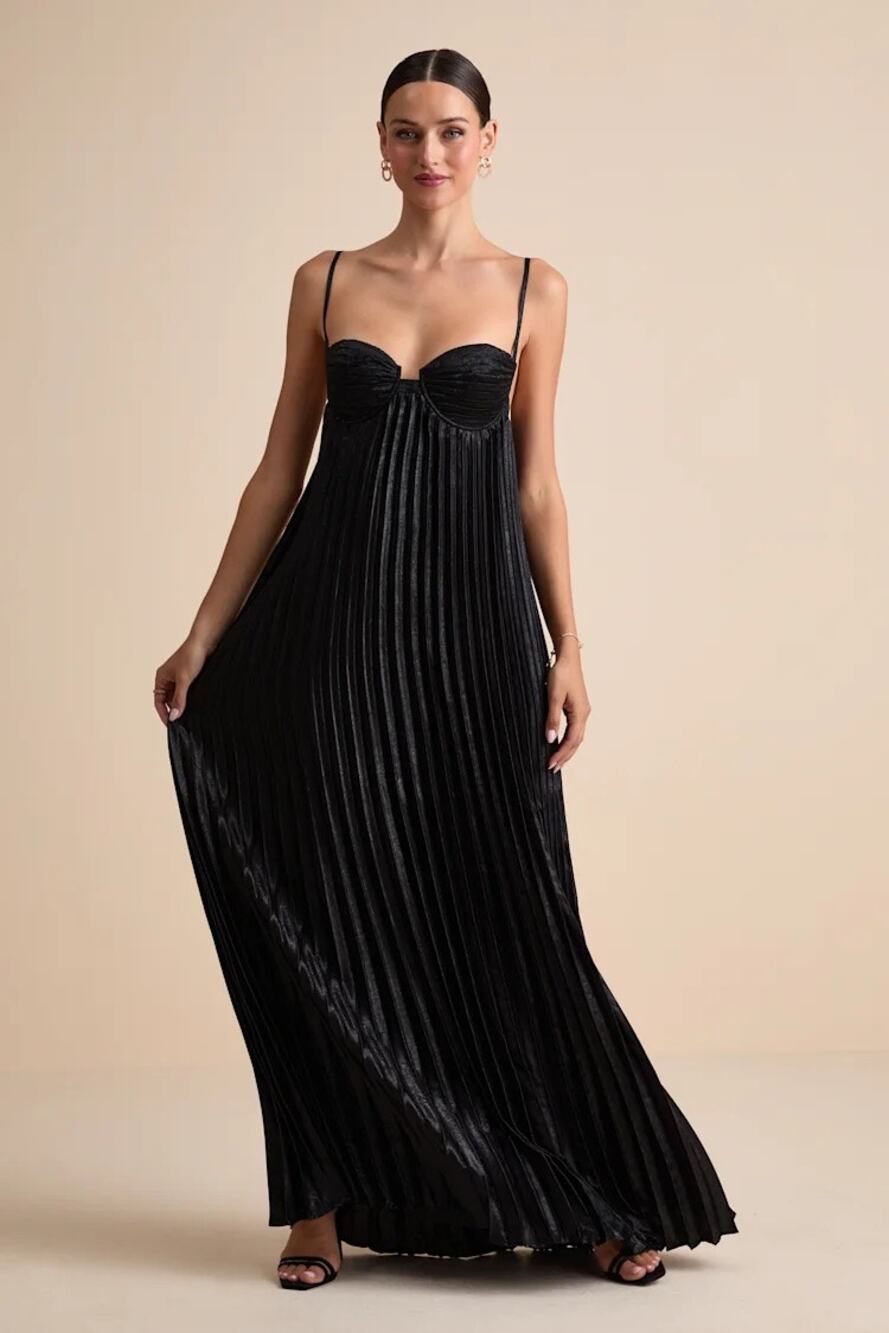Lulus Brilliant Allure Black Pleated Maxi Dress Size Large